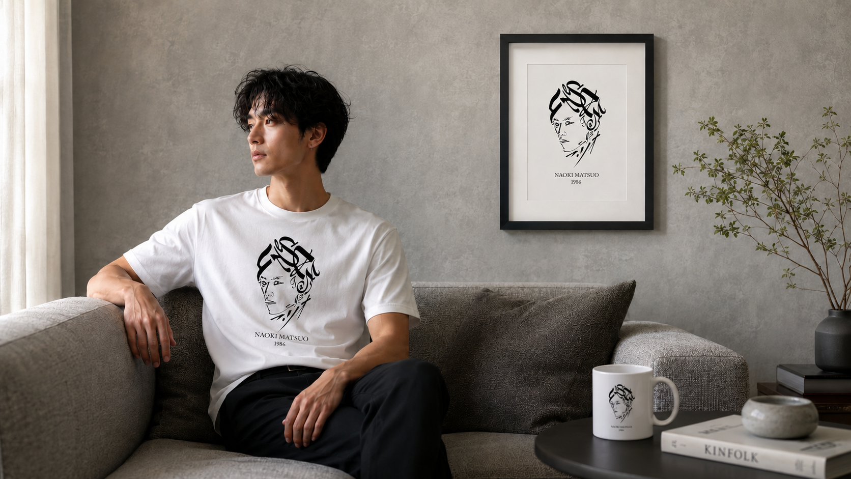 似顔絵タイポグラフィアートをプリントした白いTシャツを着た男性と、同じ作品を額装したポスターのある室内